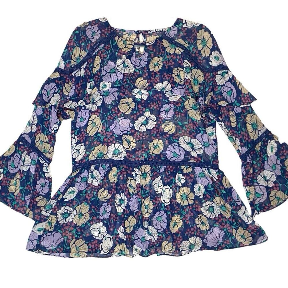 Mary & Mabel Floral Tunic Blouse Womens S Oversized Boho Chic Flowy Sheer Ruffle